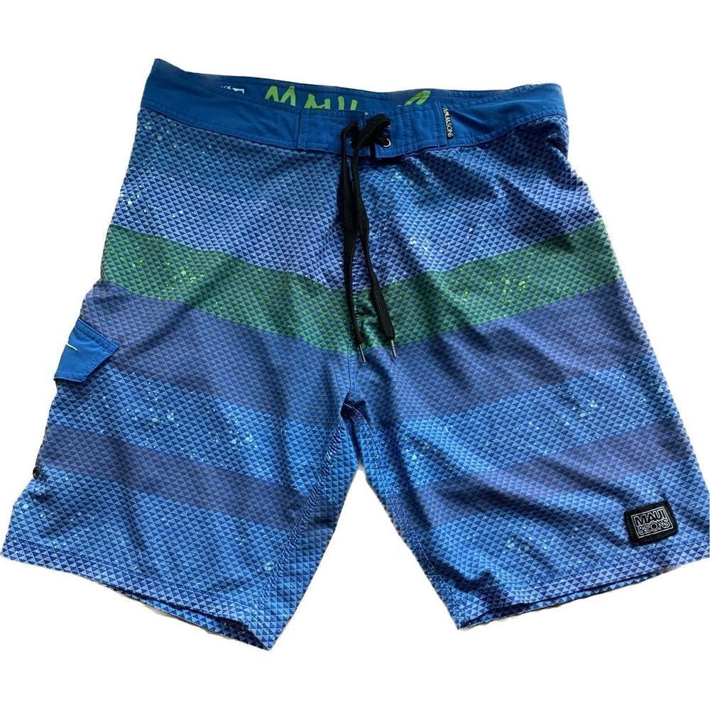 Maui and‎ Sons Men's Blue Green Striped Board Shorts Swim Trunks Size Large